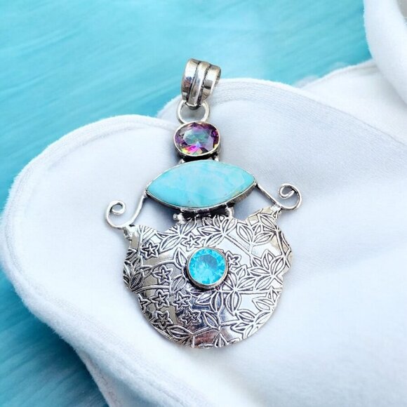 Mystic Fire Topaz, Larimar & Swiss Blue Topaz Forged In Sterling Silver Pendant - Picture 11 of 15